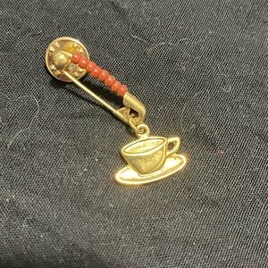 Vintage Gold and Brown Beaded Safety Pin Teacup Brooch Barista Fika Flare